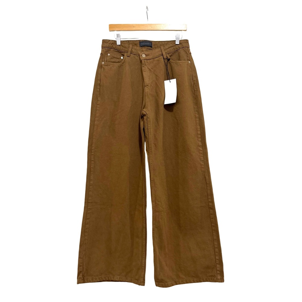 Zara Women Brown High Waisted Wide Leg Jeans Cotton Denim Pants Size 8 NWT
